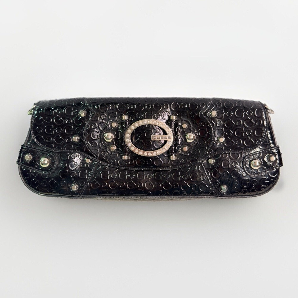 Rare Vintage Guess Black clutch Purse Silver Accents leopard print Interior